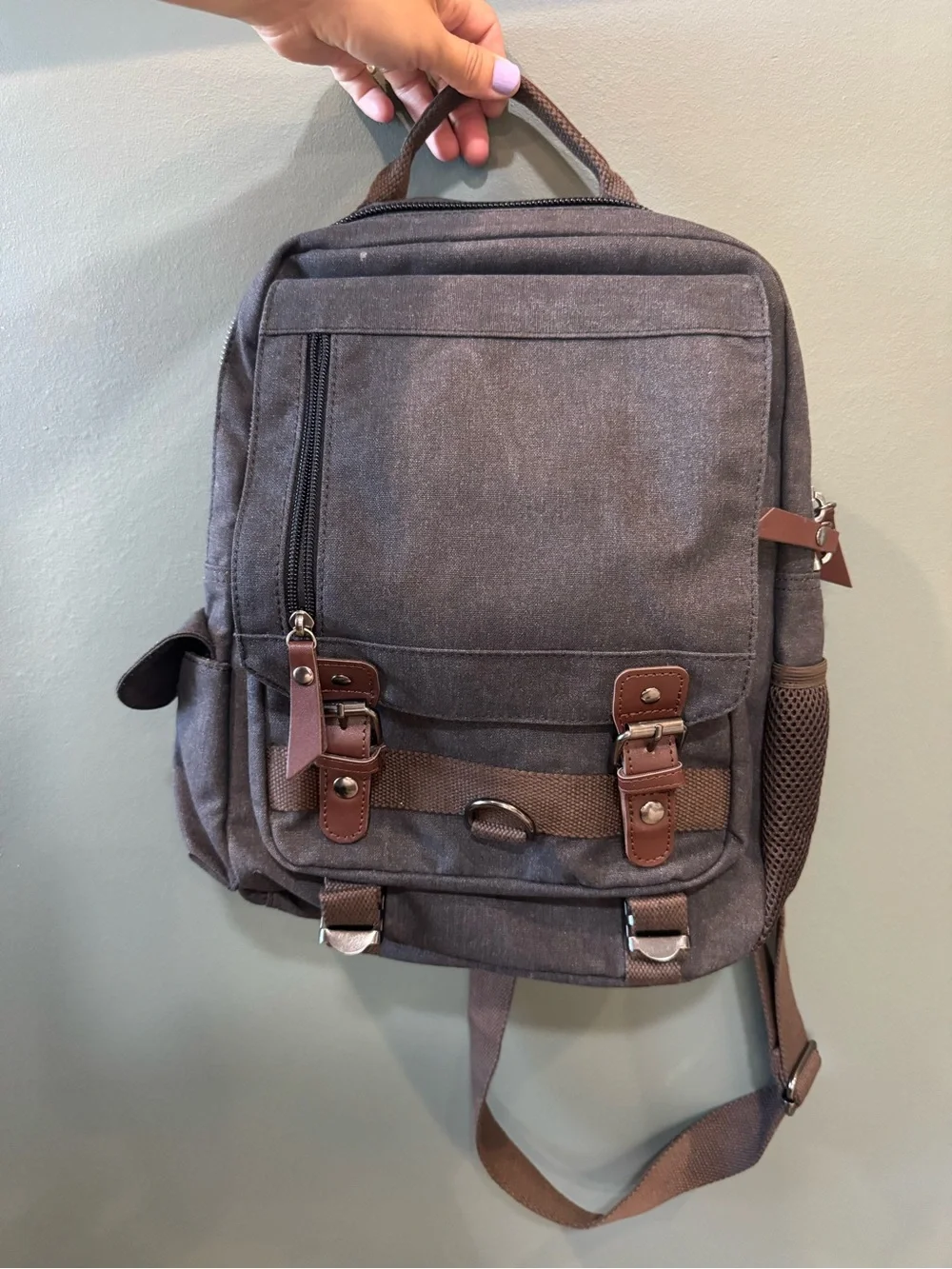 Casual Gray Canvas Backpack with Brown Trim